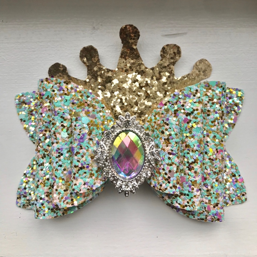 STUNNING princess crown confetti jewel hair bow